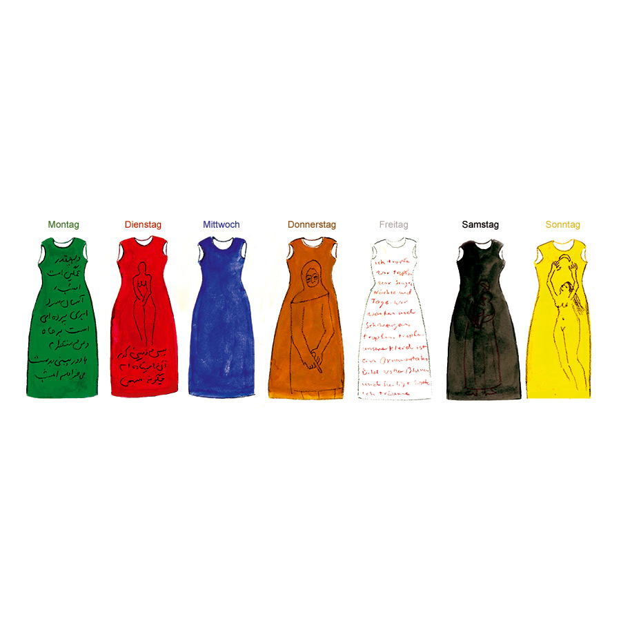 Drawing, 7 dresses, 7 colors